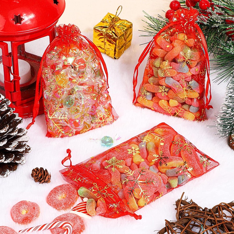 Bộ 10 Túi Dây Rút Bằng Lá Vàng / Bạc Họa Tiết Bông Tuyết Dùng Đựng Kẹo / Trang Sức / Quà Giáng Sinh