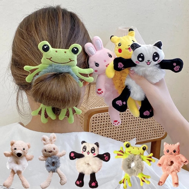 Dây Cột Tóc Cao Su Co Giãn Bọc Vải Bông Đính Hình Thỏ / Gấu Hoạt Hình Dễ Thương Cho Nữ