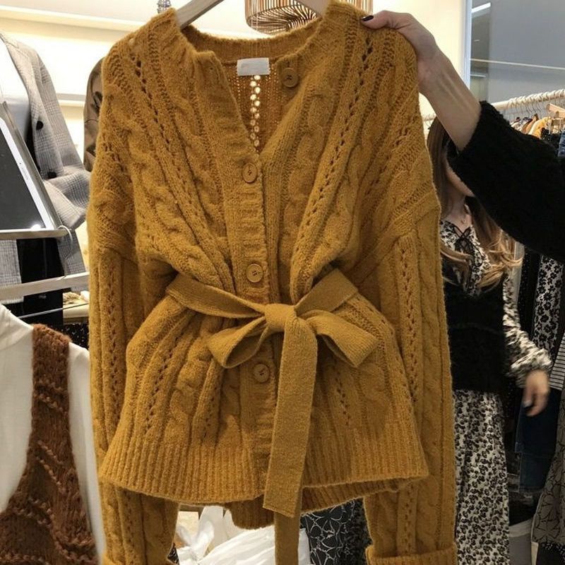 Áo Khoác Cardigan Dệt Kim Cài Nút Xoắn Eo Phong Cách Dongdaemun Hàn Quốc Thời Trang Thu Đông 2022