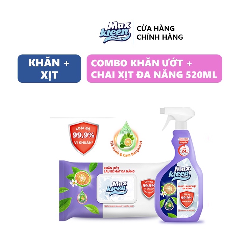 Combo MaxKleen: Nước Lau Bề Mặt Đa Năng 520ml + Khăn Ướt Lau Bề Mặt Đa Năng 30 miếng