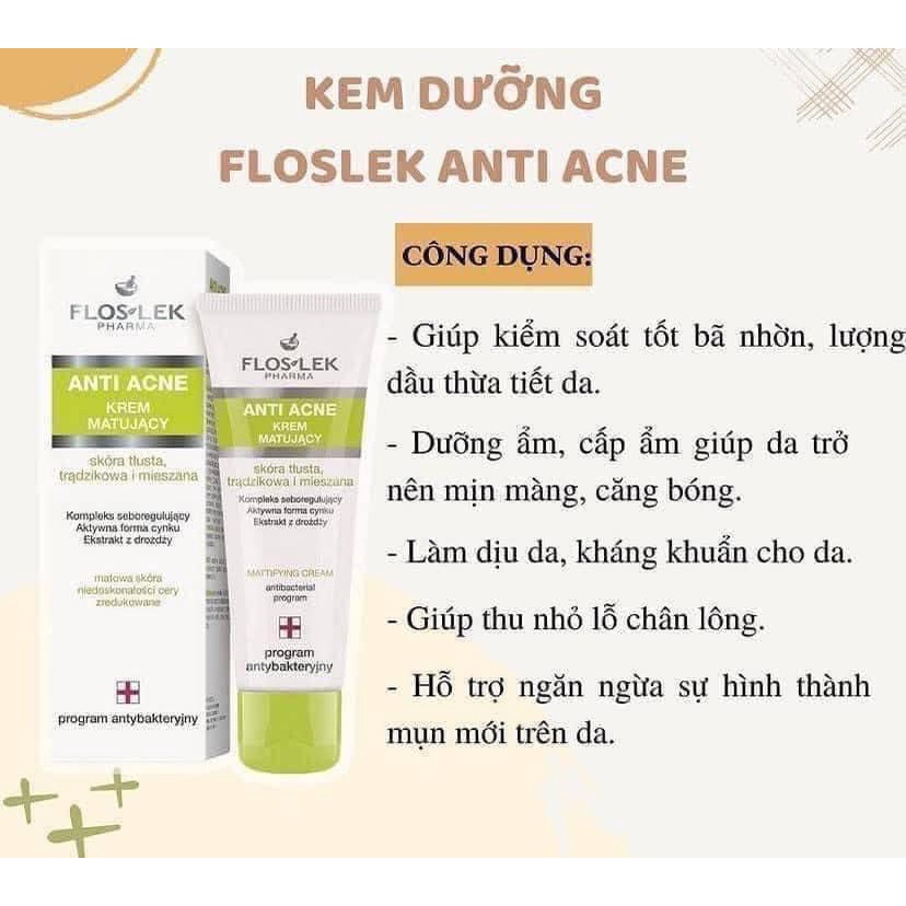 Kem dưỡng Floslek Anti Acne Mattifying Cream 50ml kiểm soát dầu mụn, điều tiết nhờn