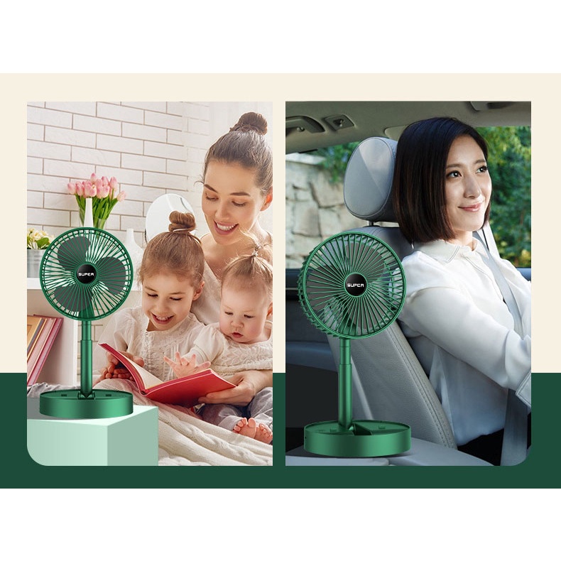Quạt Tích Điện Để Bàn Gấp Gọn Super Có Thể Điều Chỉnh Độ Cao , 3 Tốc Độ Gió, Cổng Sạc USB Xoay 180 Độ Siêu Tiện Lợi
