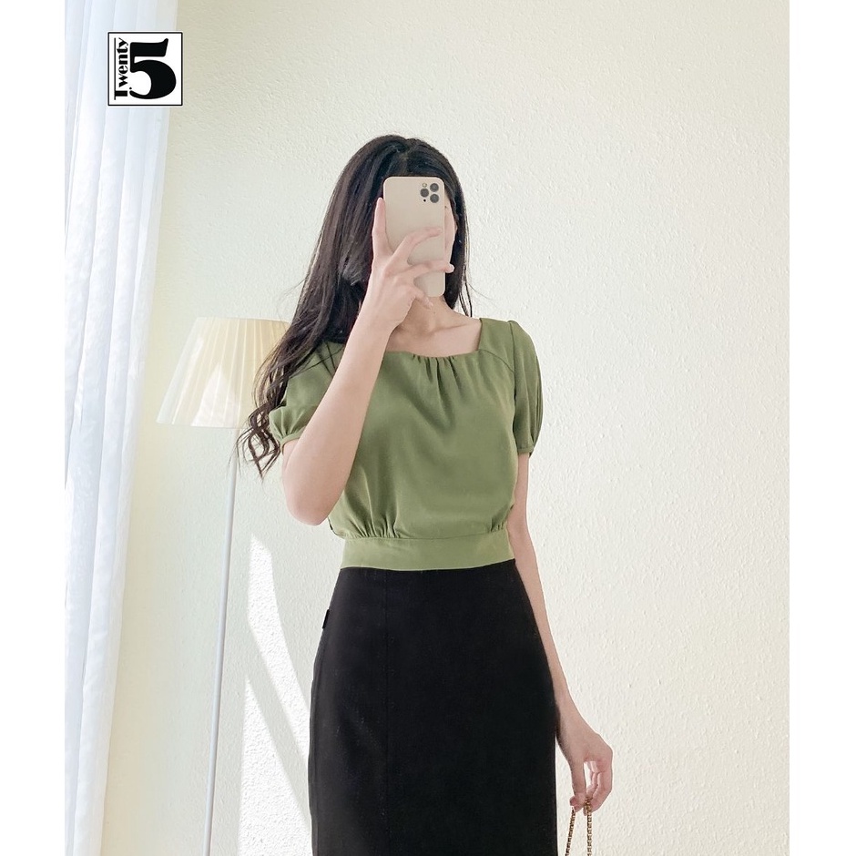 Áo kiểu sơ mi công sở nữ tay ngắn dáng lửng đính khuy thắt nơ sau lưng Twentyfive SA14