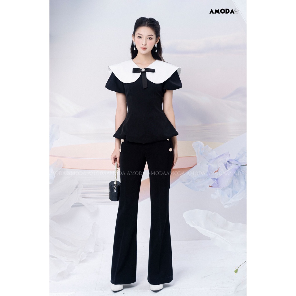 Áo thiết kế  chiết eo tay bồng  đính nơ siêu xinh cho nàng đi chơi đi làm AMODA A016