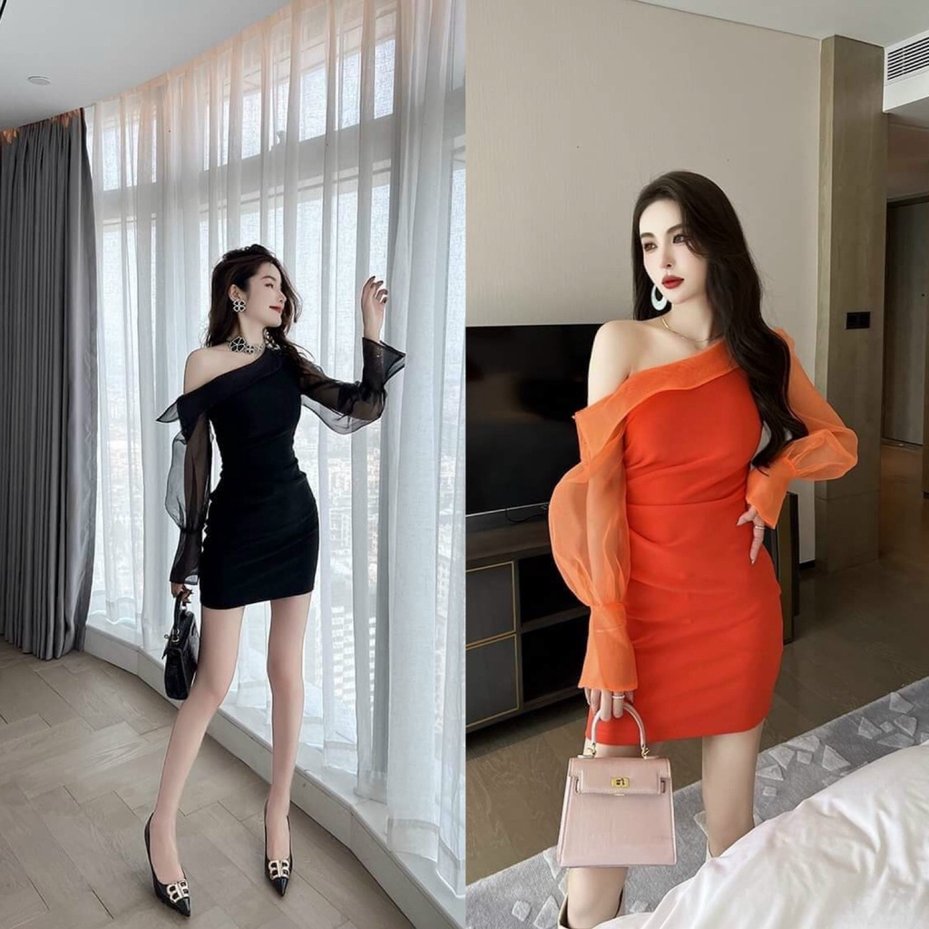 ĐẦM VÁY NỮ ÔM BODY LỆCH VAI TRƯỚC PHỐI TAY VOAN