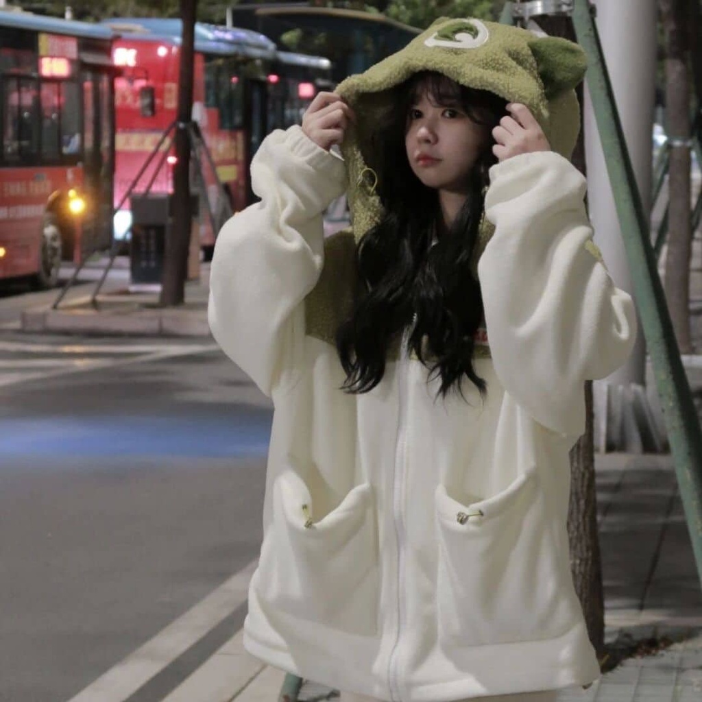 Áo khoác nỉ có mũ hình gấu form rộng siêu cute[có ảnh thật]