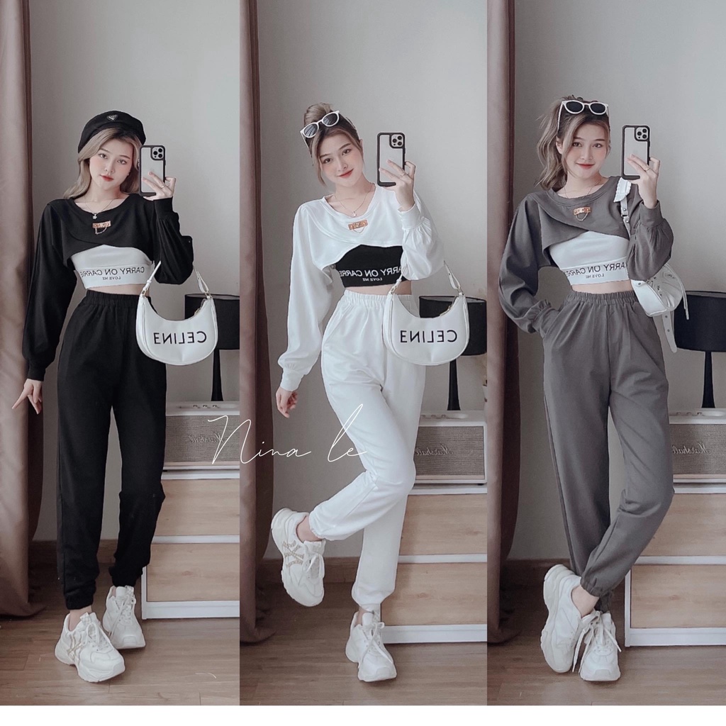 Set bộ đồ thể thao nữ 3 món áo croptop mix áo bra phối quần ống đứng dành cho các nàng thích trẻ trung, năng động