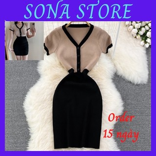Váy body len dệt kim cổ v dáng ngắn cộc tay đầm ôm nữ sexy gợi cảm sang chảnh tiểu thư bánh bèo hàng quảng châu cao cấp