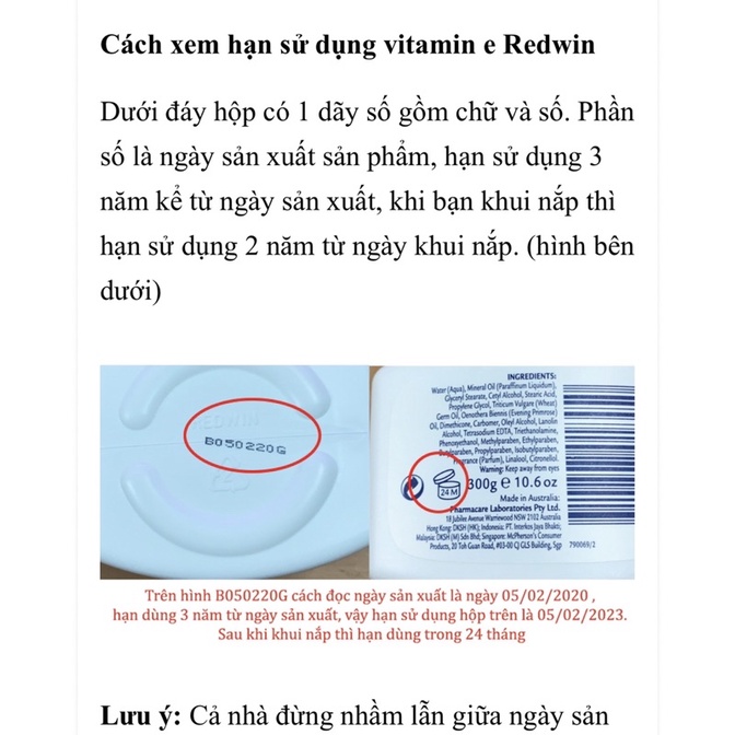 KEM DƯỠNG DA / VITAMIN E ÚC / REDWIN / Kem dưỡng da ÚC Redwin Cream with Vitamin E 300g