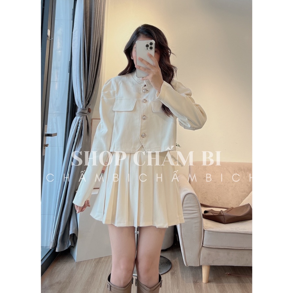 Set đồ nữ sang chảnh S.101, Áo khoác dài tay croptop tay bồng cổ tàu túi giả kèm chân váy xếp ly chun sau - Shop Chấm Bi