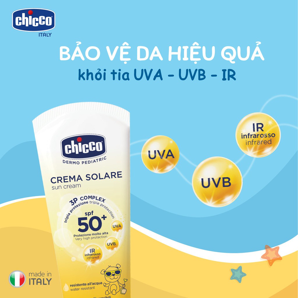 Kem Chống Nắng Cho Bé CHICCO 🔆 3 Tác Động SPF 50+ Chống Nắng, Giữ Ẩm, Dưỡng Da 75ml