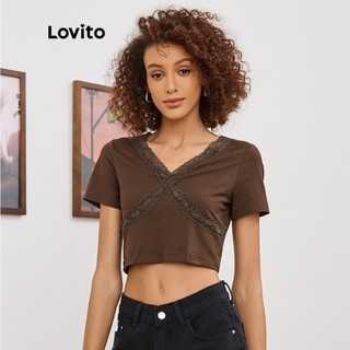 Áo thun Lovito cổ chữ V ren tương phản màu trơn thường ngày L19D338 (Màu nâu)
