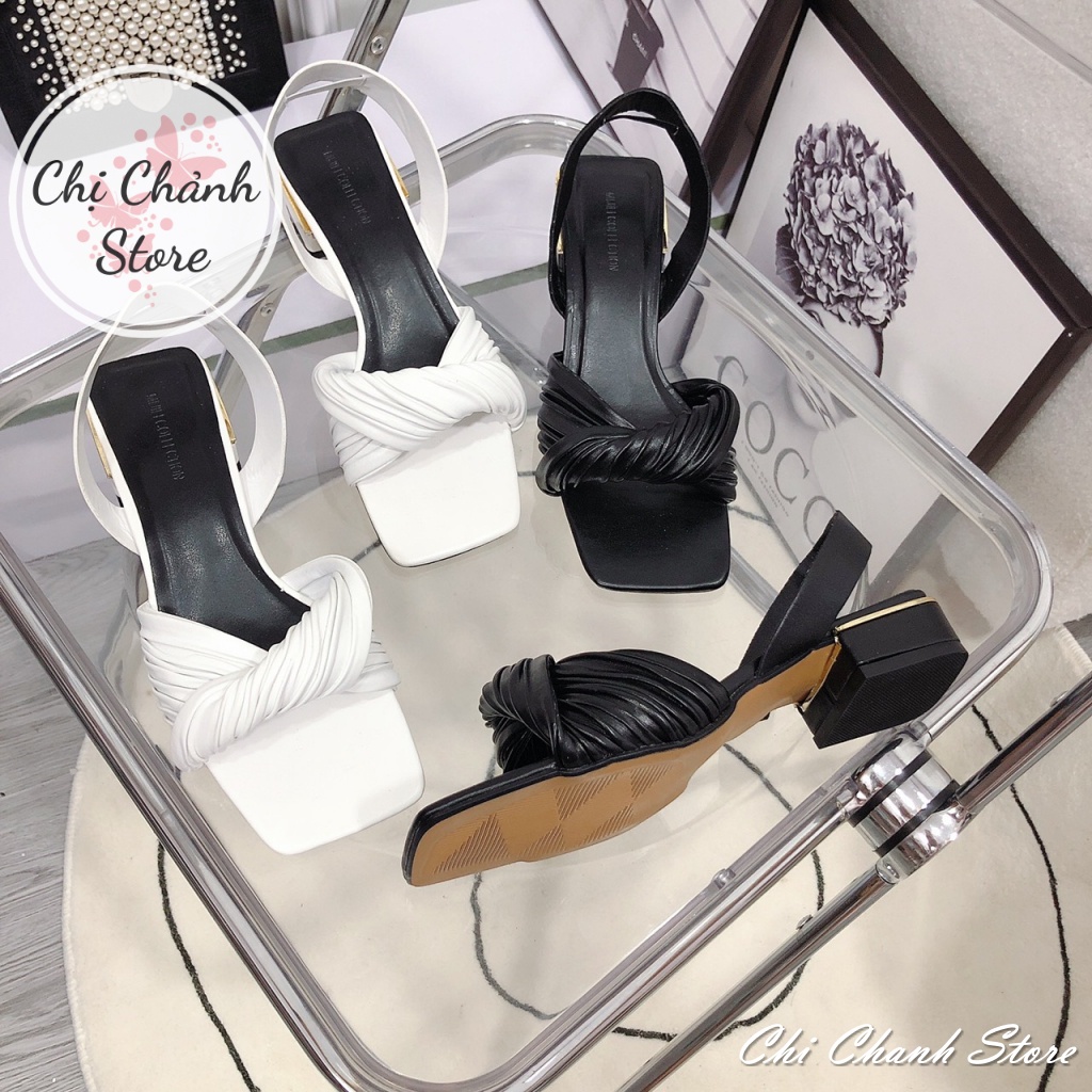 Sandal Đế Vuông Thấp 3p Quai Dập Ly Xoăn Mềm Phối Gót Vàng Kim Cực Xinh Đủ 2 Màu Trắng Đen Chị Chảnh Store