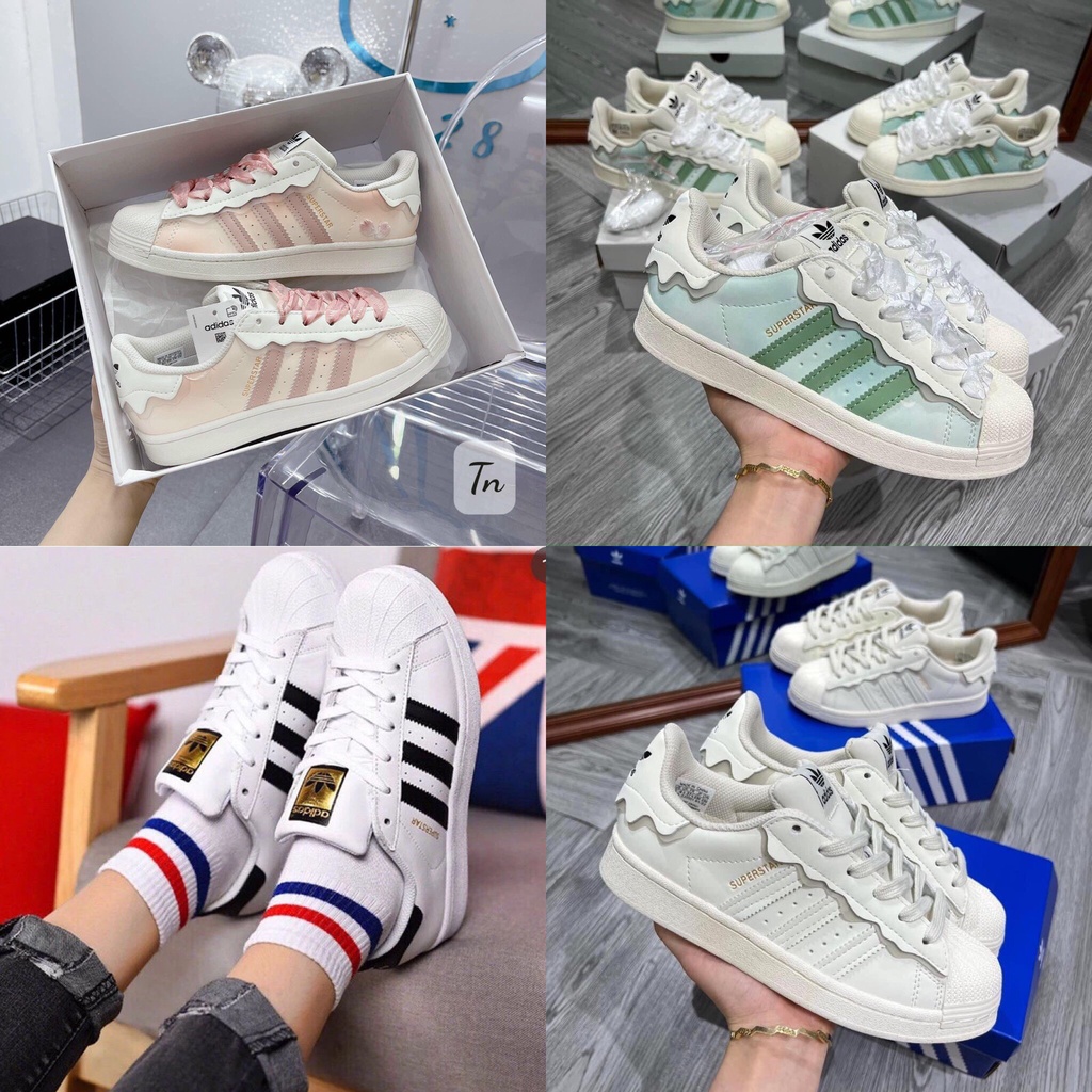 Giày thể thao adidas superstar hồng + xanh kem trắng, giầy das sò 3 sọc hồng, xanh nữ cực chất hot trend 2022