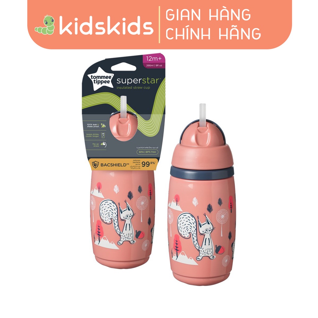 Bình uống nước giữ nhiệt có ống hút kháng khuẩn chống tràn, chống sặc cho bé Tommee Tippee SuperStar – Hồng