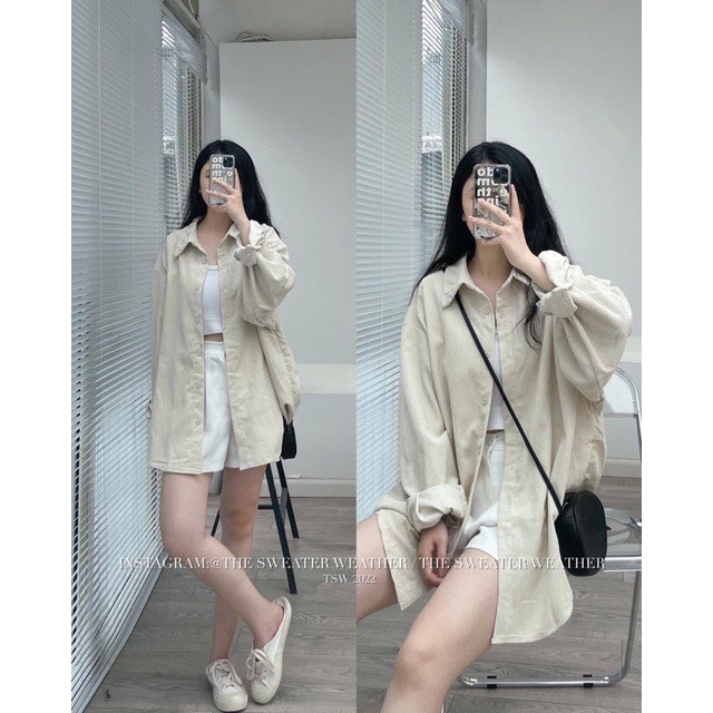 Áo sơ mi nhung tăm hai màu basic nâu be