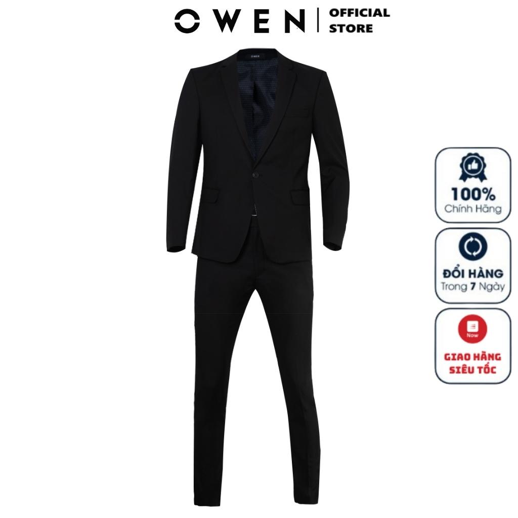 Áo Vest Bộ Suit Comple Veston Công Sở Nam Owen VES220959 Màu Đen Trơn Vải Polyester Cao Cấp Dáng Suông 1 Cúc Tà Xẻ Hông