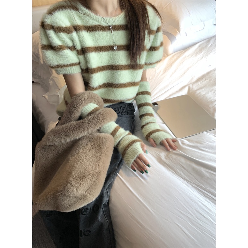 Áo sweater DIDIKA tay phồng ngắn dáng rộng họa tiết kẻ sọc thời trang thu đông cao cấp cho nữ