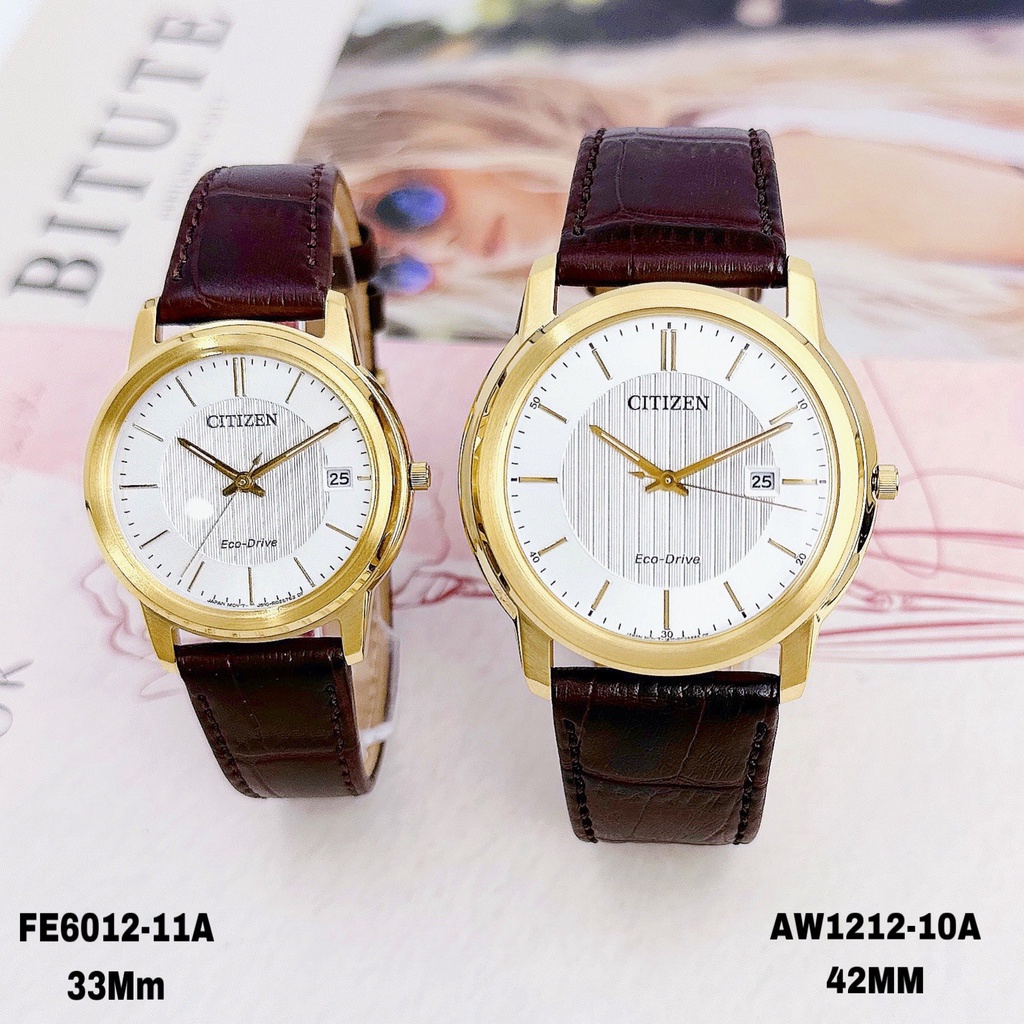 Đồng Hồ Nam Nữ Citizen Eco Drive l AW1212-10A FE6012-11A Dây Da Nâu Vỏ Vàng Mặt Trắng