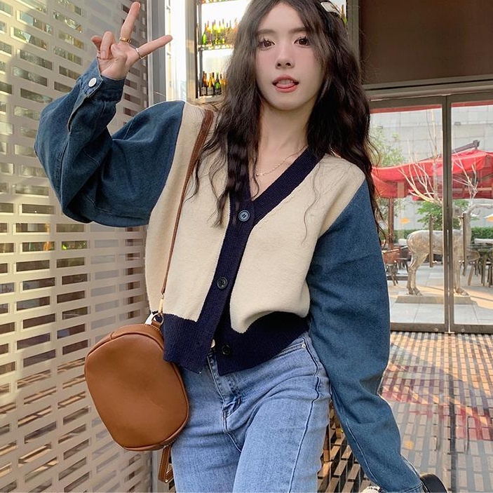 Áo Khoác Cardigan Len Dệt Kim Mỏng Tay Dài Màu Sắc Tương Phản Thời Trang Cho Nữ