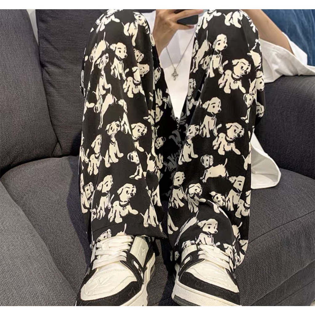 Quần thun ống suông hoạ tiết chú chó phong cách unisex nam nữ SIB135