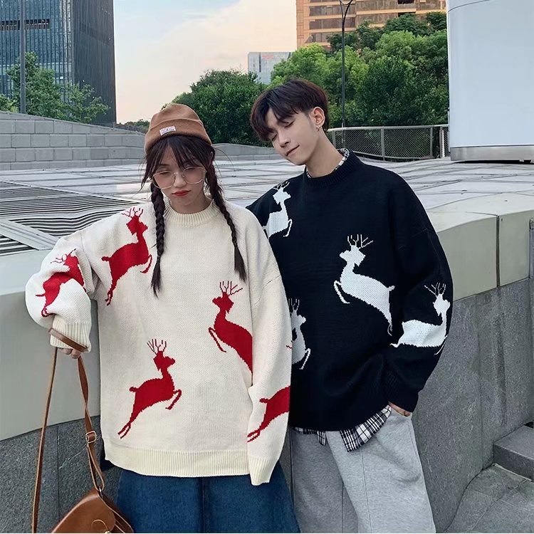Áo Sweater Dệt Kim Cổ Tròn In Hình Hươu Thời Trang Thu Đông Hàng Mới Dành Cho Cặp Đôi [M-2XL]