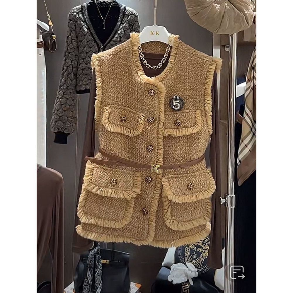 Hot | Người nổi tiếng dệt vest tweed vest jacket pocket top tua vest với thắt lưng