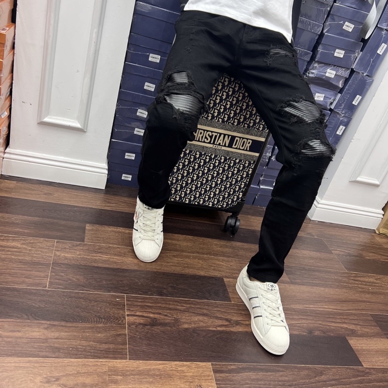 Quần Jean Dài Nam Màu Đen Rách Vá Da Phong Cách Thời Trang Cao Cấp