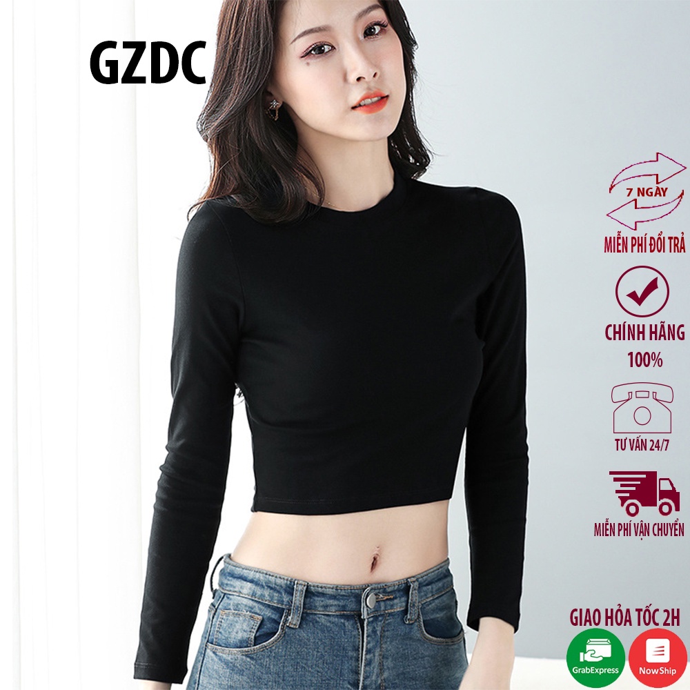 Áo thun croptop cổ cao 5cm dài tay GZDC, chất liệu zip co dãn 4 chiều 100% cotton cho mùa thu, đông