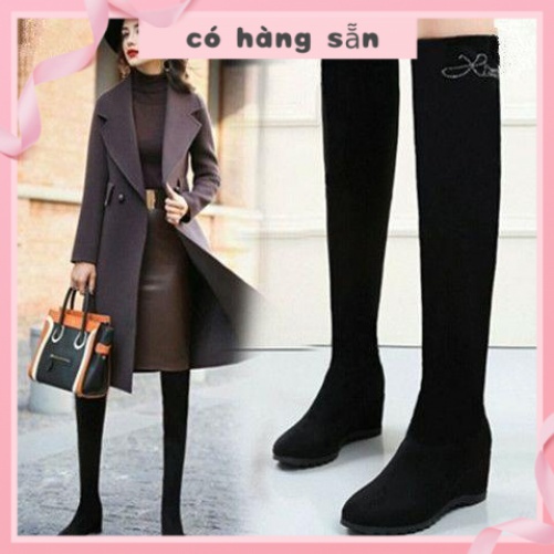 Giày Bốt Cổ Cao Qua Gối Đế Xuồng Co Giãn Thời Trang Xuân Thu Cho Nữ