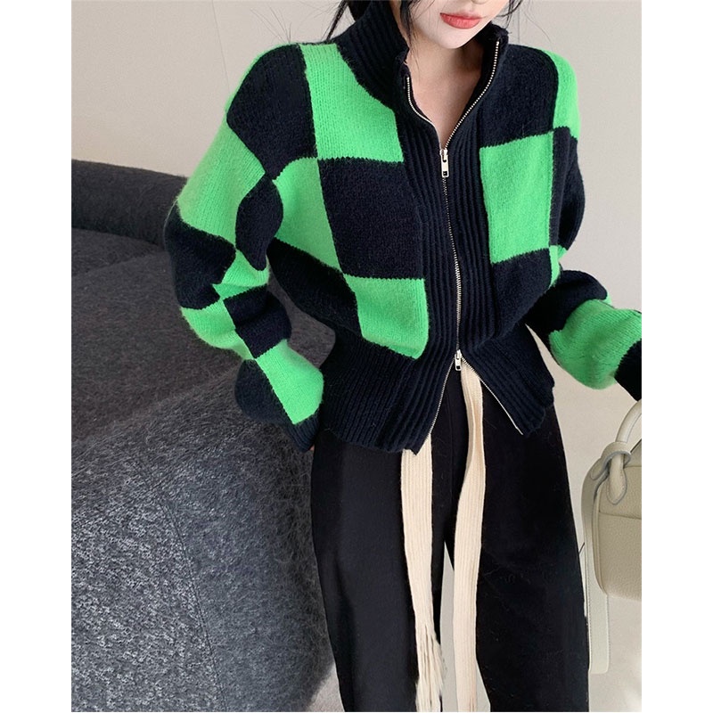 Áo Dệt Kim Tay Dài Cổ Đứng Có Khóa Kéo Họa Tiết Sọc Caro Phong Cách Hàn Quốc Thời Trang Cho Nữ