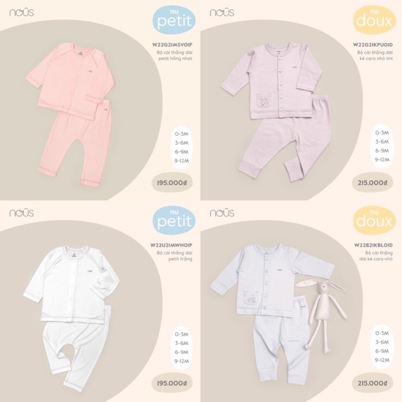 Bộ quần áo dài tay cài thẳng Nous cho bé sơ sinh tới 12 tháng 3-10kg