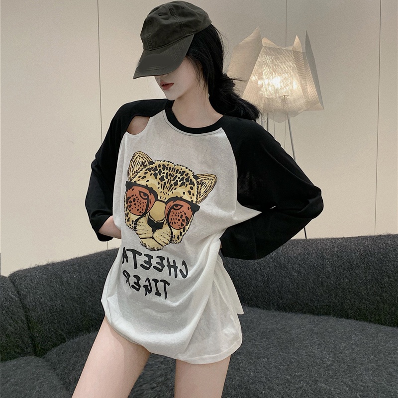 NRVP Áo thun nữ dài tay dáng rộng in hình phong cách Hàn Quốc kiểu