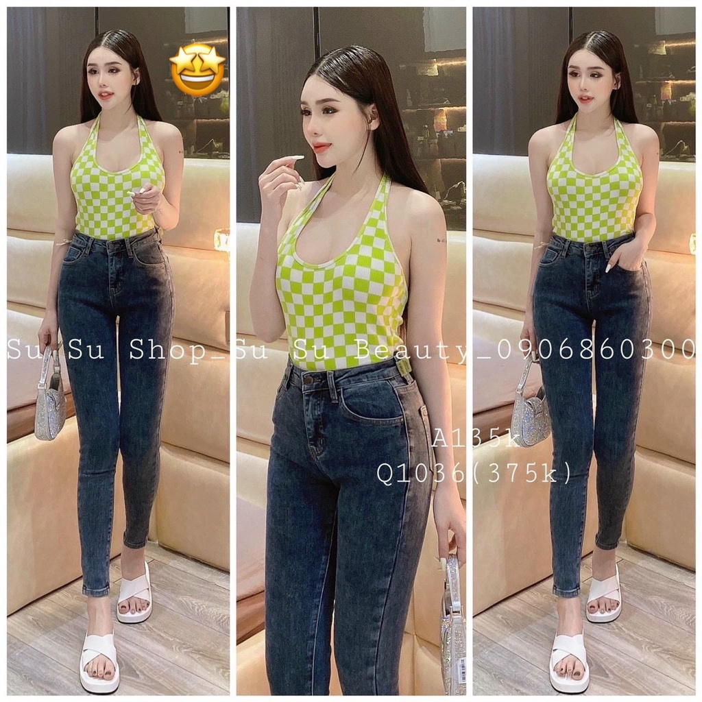 Áo kiểu nữ dây yếm choàng cổ sọc caro chất thun gân nổi dáng ngắn croptop xinh xắn