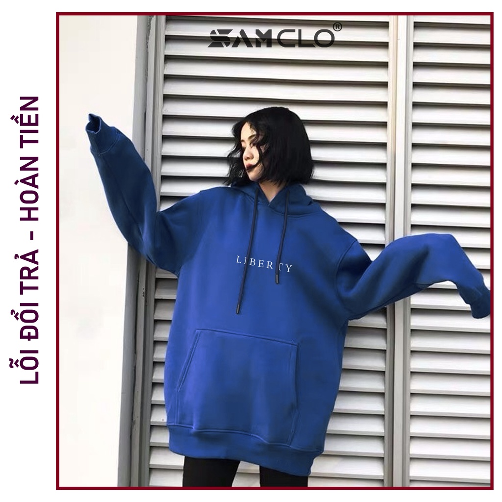 Áo khoác nỉ SAM CLO nam nữ hoodie chui có mũ tay dài thu đông freesize dáng unisex in chữ TRẮNG LIBERTY