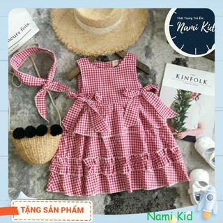 Váy bé gái- Váy tầng cho bé gái  đính nơ sau chất kate mềm rũ họa tiết kẻ sọc màu đỏ cho bé 1  - 4 tuổi