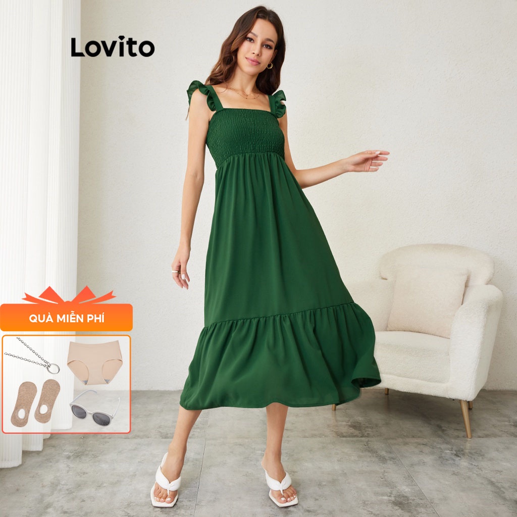 Lovito Váy trơn đơn giản có tay xếp nếp có bèo L24LD029 (Xanh lá cây)