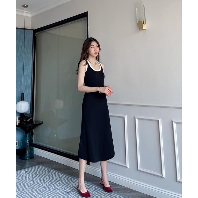 Đầm maxi cổ tròn,không tay,viền trắng cá tính.🖤