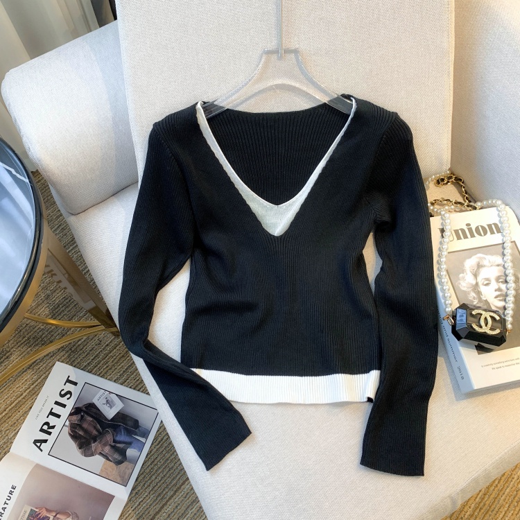 Áo sweater Dệt Kim Mỏng Cổ Chữ V Giả Hai Lớp Thiết Kế Mới Mùa Thu Cho Nữ