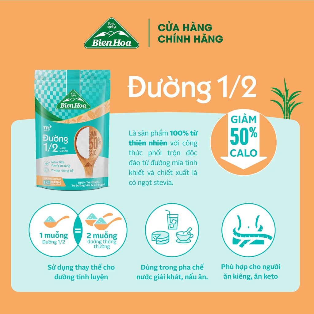 [HSD:T11/2024]  Combo 2 túi Đường 1/2 Giảm 50% Calo Biên Hòa 500gr/túi