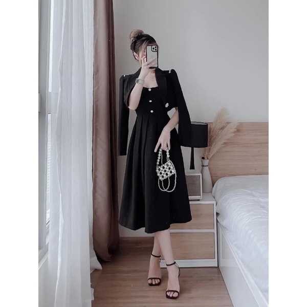 SET ĐẦM MIDI 2S ĐEN KÈM KHOÁC CROP VEST ĐÍNH HẠt