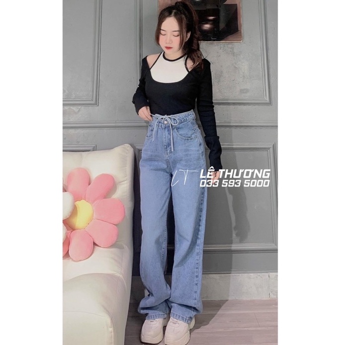 Set baggy jeans ống suông+ áo gân tay dài giả yếm