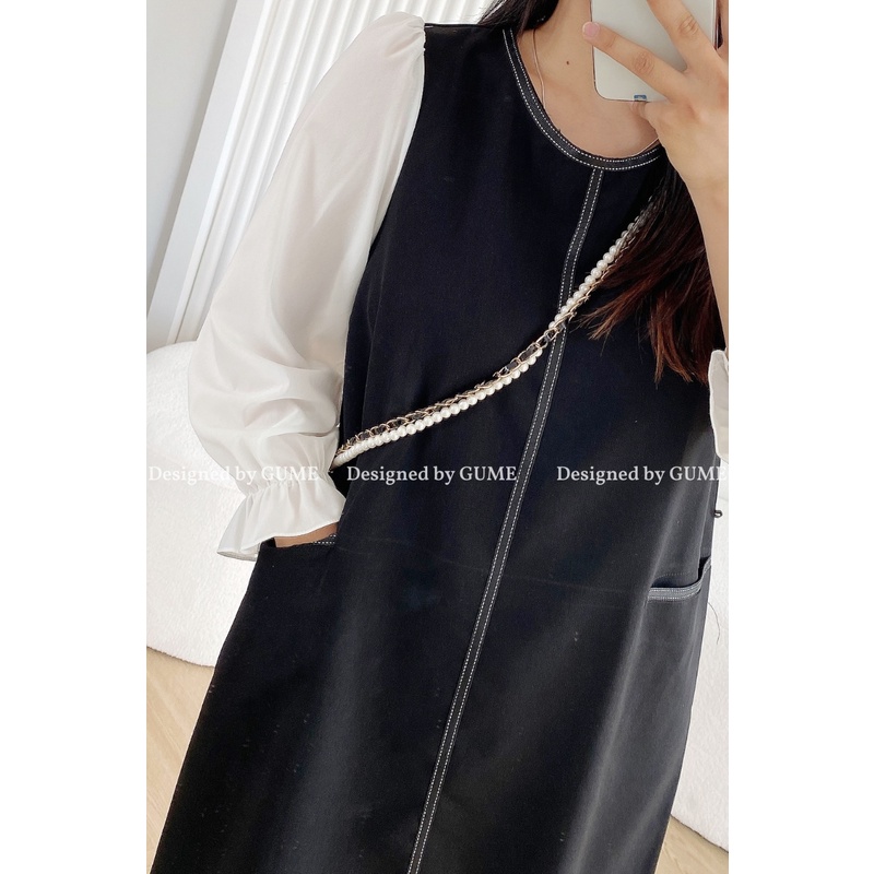 Váy Bầu Thu Đông - Đầm Bầu GUME màu đen pha tay trắng phối dây viền xinh xắn, dáng A dễ mặc tới khi sinh MB115