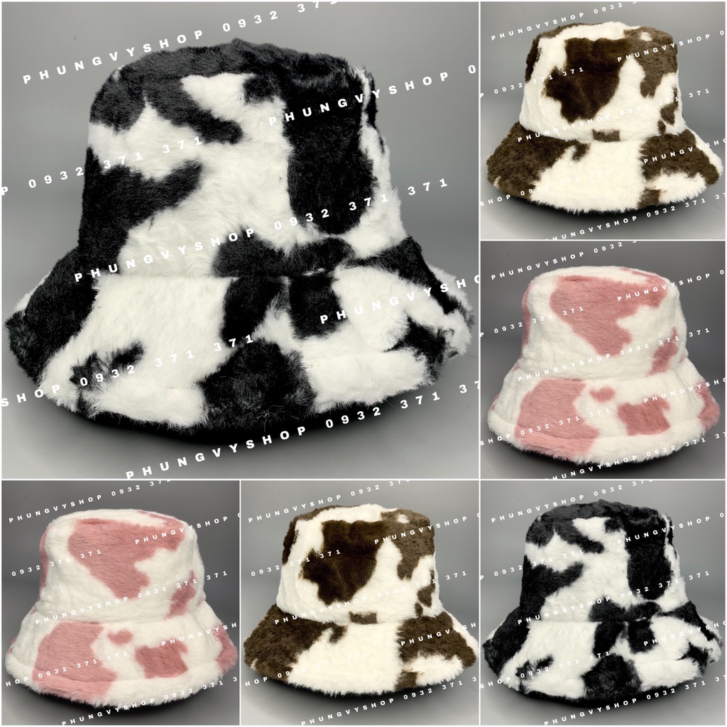 Mũ bucket cực hot unisex nam nữ mùa thu đông giữ ấm -BO LÔNG họa tiết BÒ SỮA  - nón tai bèo vành