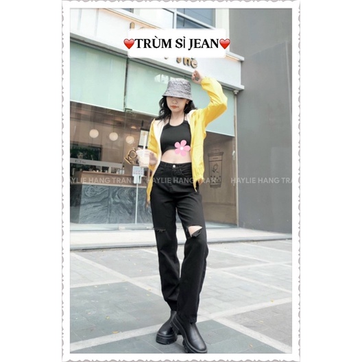 Quần jean nữ ống rộng màu màu đen rách ô vuông, quần bò nữ