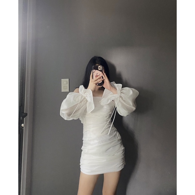 Mell02 dress - Váy tơ xước trắng nhún Onmellem