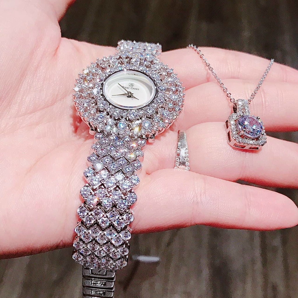 Đồng Hồ Nữ Royal Crown Chính Hãng Hoa Tuyết Mặt Khảm Trai Đính Đá Tràn Viền Siêu Lấp Lánh