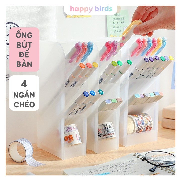 Ống đựng bút kệ đựng bút để bàn đa năng 4 ngăn chéo đen và trắng đựng bút, mỹ phẩm, văn phòng phẩm