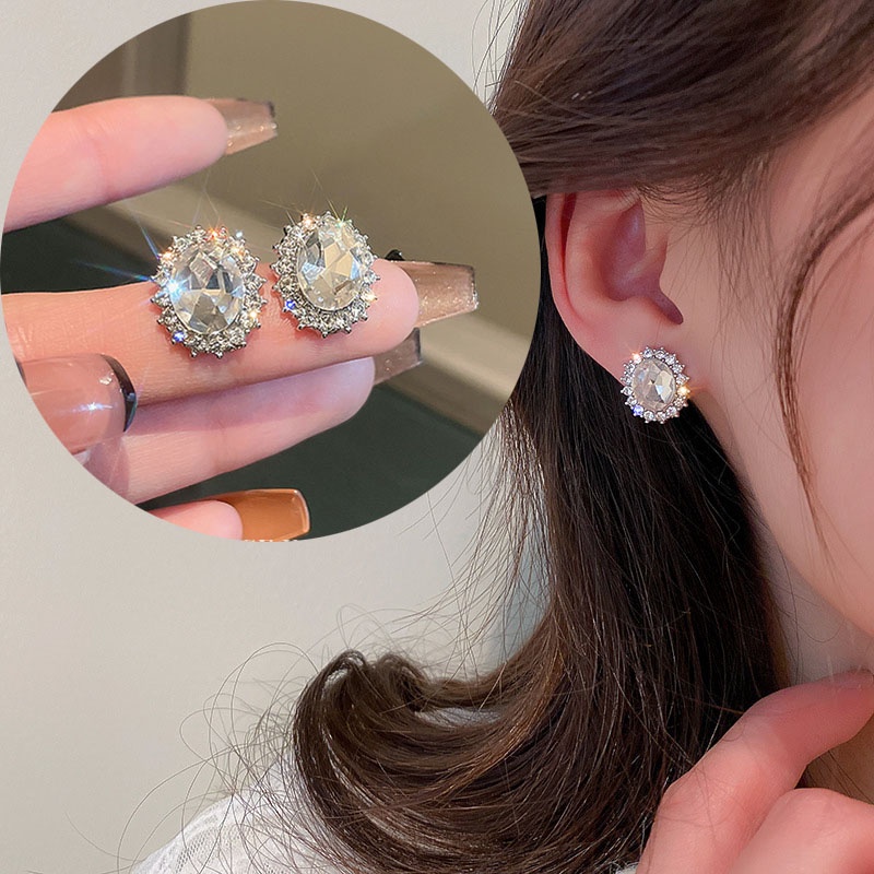 Bông Tai Mạ Bạc 925 Hình Oval Đính Kim Cương Lấp Lánh Thời Trang Mùa Hè Phong Cách Hàn Quốc Cho Nữ