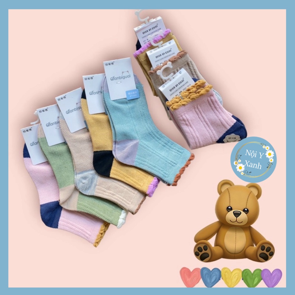 Set 5 đôi tất cotton cho bé cổ cao,ngắn bé trai,bé gái sợi bông siêu mềm thoáng khi khử mùi nội y xanh, chất ấm, thoáng